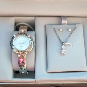Silver Tone Metal Watch and Necklace Set